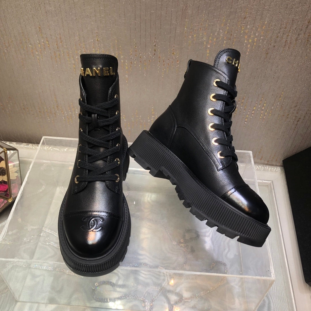 CHANEL CC LACE UP BOOT BLACK G45124 B14018 94305