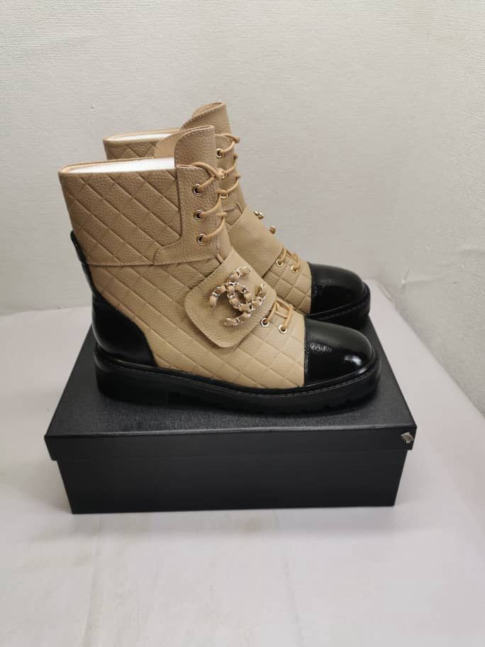CHANEL LACE UP BOOTS BEIGE BLACK G39516 Y56261 K5119