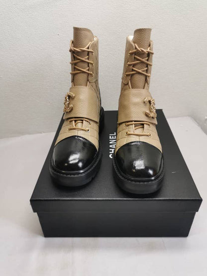 CHANEL LACE UP BOOTS BEIGE BLACK G39516 Y56261 K5119