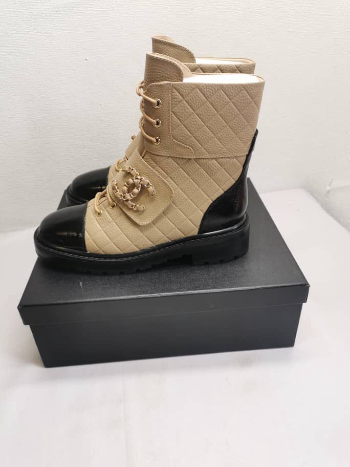 CHANEL LACE UP BOOTS BEIGE BLACK G39516 Y56261 K5119