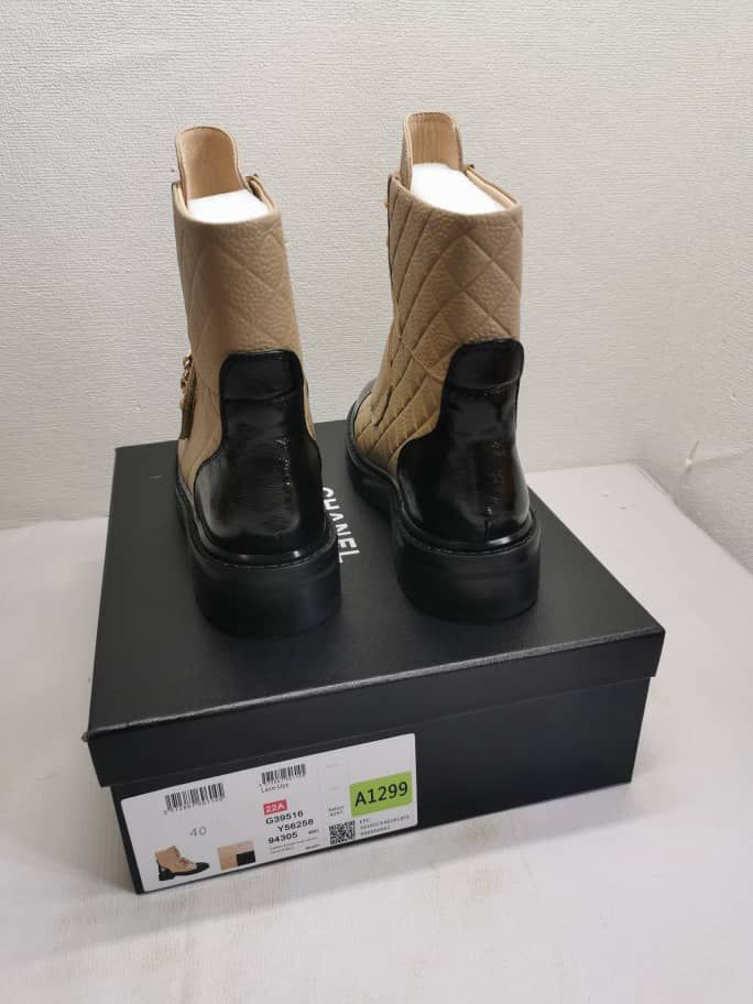 CHANEL LACE UP BOOTS BEIGE BLACK G39516 Y56261 K5119