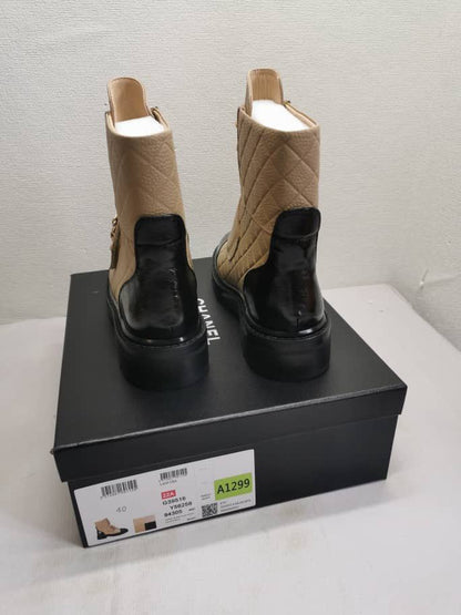 CHANEL LACE UP BOOTS BEIGE BLACK G39516 Y56261 K5119